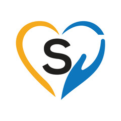 Obraz premium Letter S Charity Logo Design Concept With Hand and Heart Symbol Vector Sign