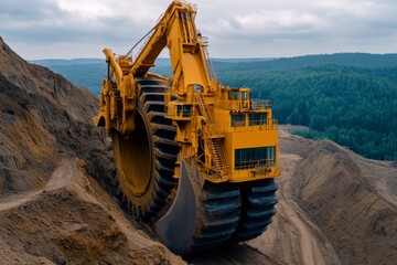 Obraz premium A massive bucket-wheel excavator in action, with its rotating wheel tearing into layers of earth and rock