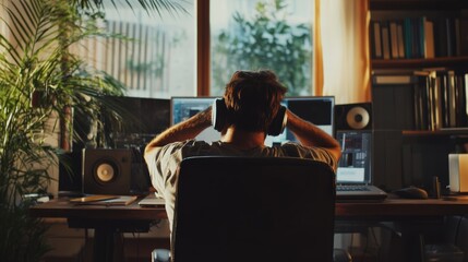 Young man taking rest and listening music while sitting in office. Male designer sitting relaxed at his workplace.