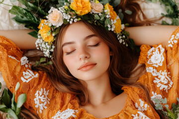 Young woman lies in a field of flowers