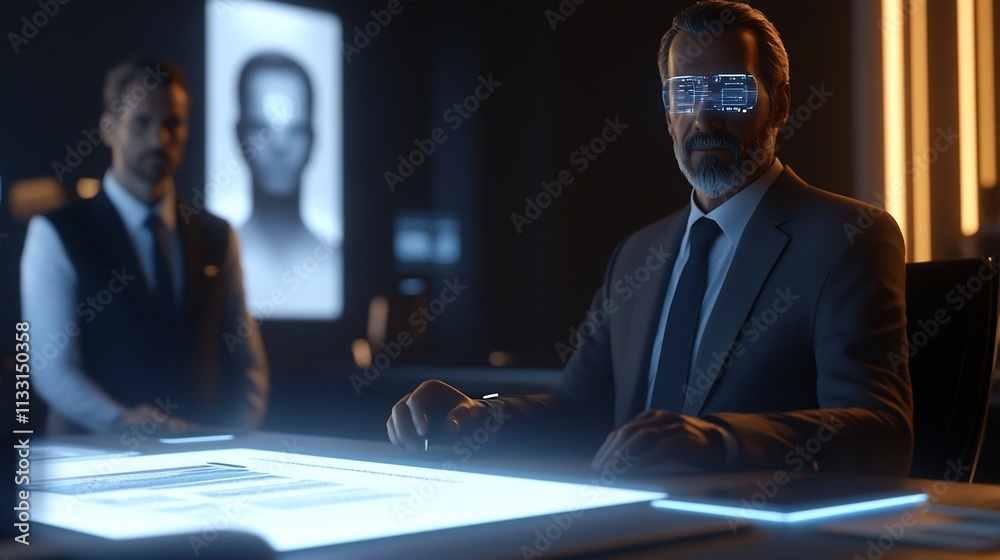 Poster two men in a dark room, one at a glowing table with a digital display.