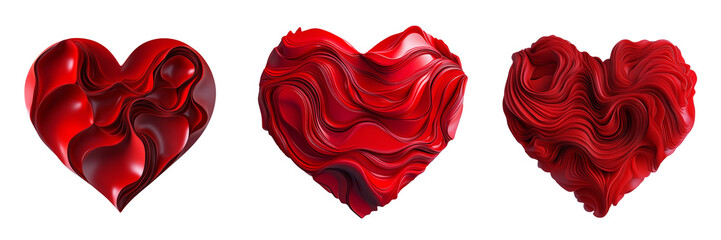 Set of  A 3D red heart made of thick, smooth waves, isolated PNG format Background
