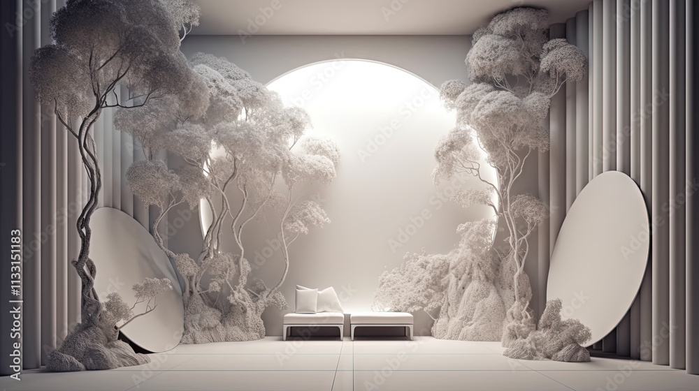 Poster Interior with circular architecture form in 3D style. Abstract room with arc element and trees