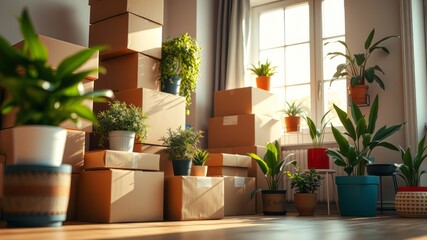 Fototapeta premium New Home Cardboard Boxes and Plants - Moving Day Delightful Photo