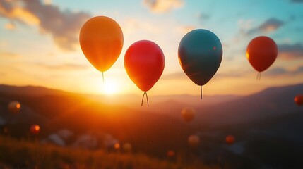 Fototapeta premium Sunset Balloons: A Serene Flight Over Golden Hills