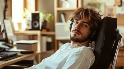 Obraz premium Young man taking rest and listening music while sitting in office. Male designer sitting relaxed at his workplace.