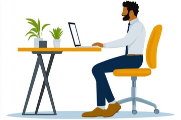 Fototapeta premium A pixel art depiction of a worker happily sitting at an ergonomic desk setup, with animated adjustments to the chair and monitor