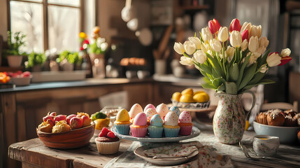 A cozy Easter brunch table set with decorated Easter eggs, colorful cupcakes, fresh fruit, and a vase of blooming tulips in a rustic kitchen