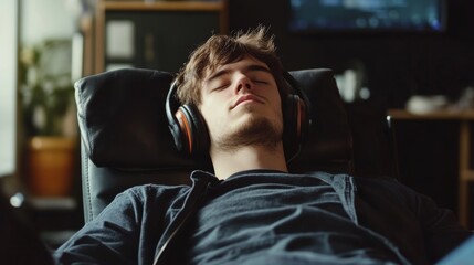 Obraz premium Young man taking rest and listening music while sitting in office. Male designer sitting relaxed at his workplace.