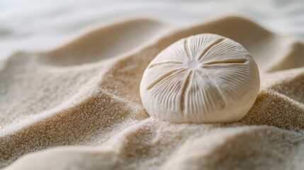 A sand dollar rests effortlessly on smooth, rippled sand, embodying simplicity and elegance with its delicate patterns under soft lighting.