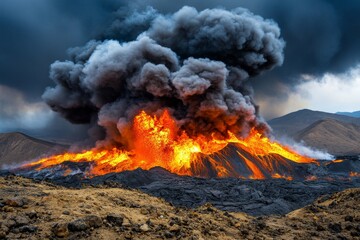 A powerful close-up of a pyroclastic flow cascading down the slopes of an erupting volcano, with thick, dark smoke billowing above