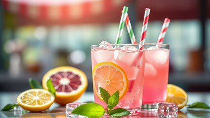 Fototapeta premium Pink Lemonade Refreshing Drink AI Art, Digital Painting, Summer, Refreshment, Delicious, Bright, Tasty
