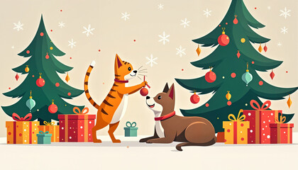 Fototapeta premium Cat and dog decorating Christmas tree with gifts