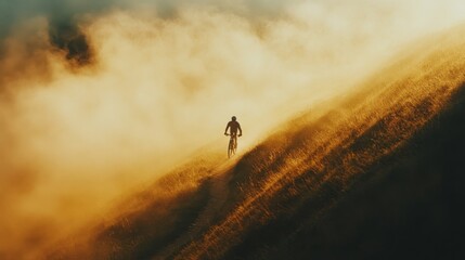 A solitary cyclist ascends a misty hill basked in golden light, embodying the spirit of perseverance and the beauty of nature.