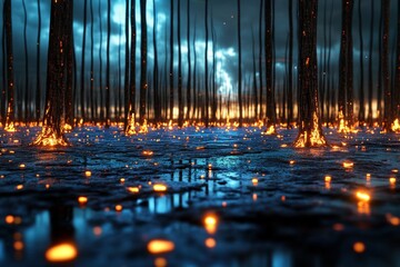 A scene of a forest being consumed by lava from a volcanic eruption, with charred trees and glowing embers in the foreground