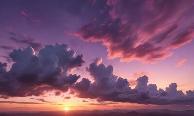 Fototapeta premium Soft fluffy clouds tinged with shades of red and purple at sunset, picturesque, twilight