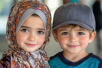 A striking image of two children, one wearing a hijab and the other a baseball cap, smiling as they play together