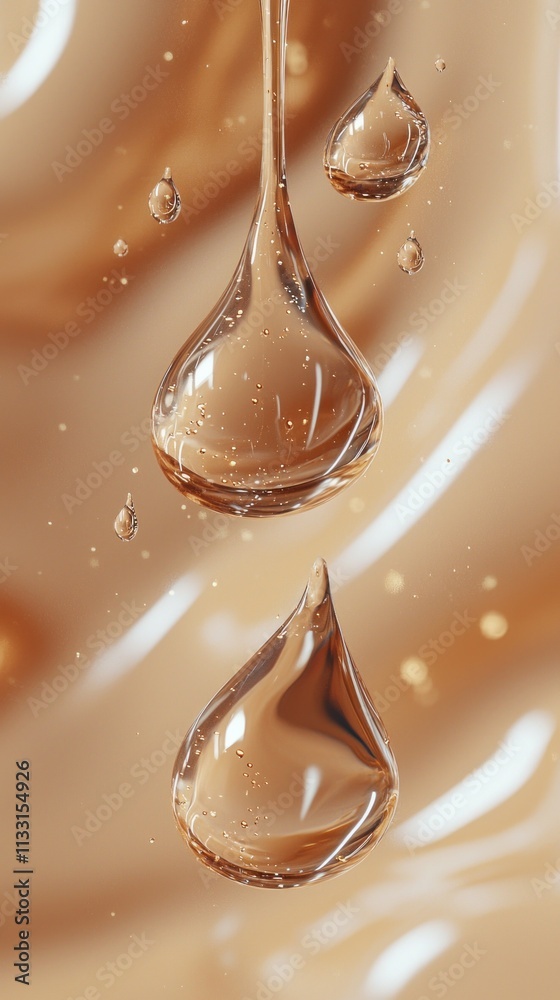 Poster droplets of crystal-clear liquid gracefully fall against a backdrop of soft, warm hues. the composit