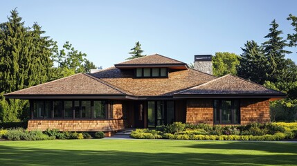 Summer Serenity: Close-Up of a Modern Home Showcasing Cedar Shake Roof Amidst Lush Lawn and Stunning Architectural Features
