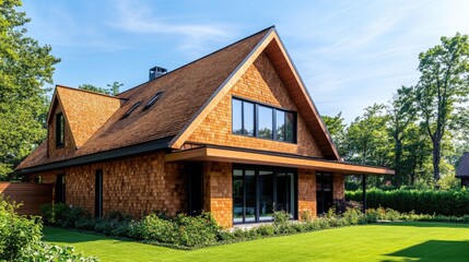 Obraz premium Detailed View of Contemporary Home Featuring Cedar Shake Roof Amidst Lush Summer Landscape