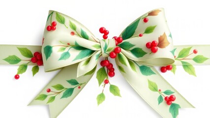 Watercolor Christmas Bow, Floral Pattern, Light Green Ribbon, Mistletoe, Holly, Festive Decor, AI Art