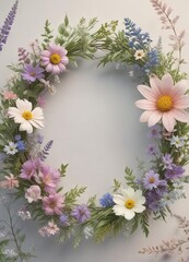 Soft pastel colors of wildflowers in a botanical wreath, frame, soft, spring, pastel