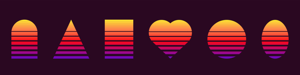 A series of geometric shapes display a warm gradient of sunset colors on a dark background.