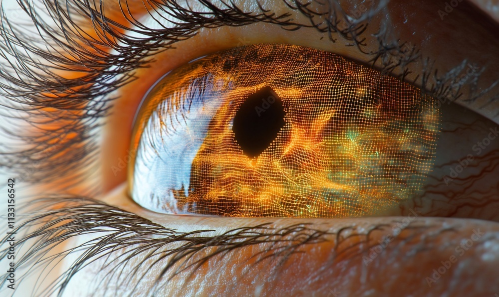 Poster a close-up of an eye reflecting fiery, abstract patterns.