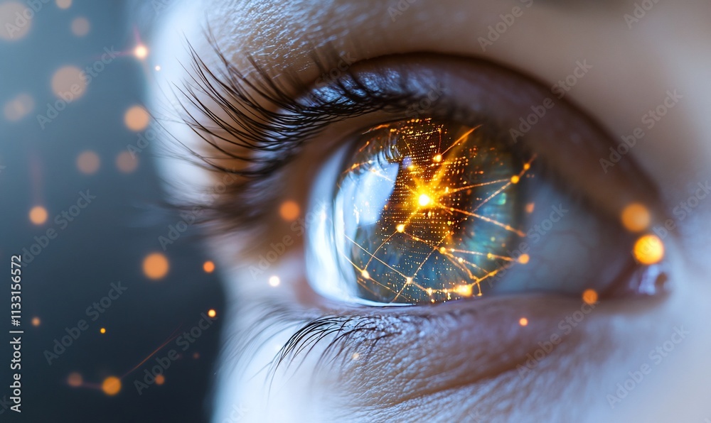 Poster a close-up of an eye reflecting a network of light and energy.