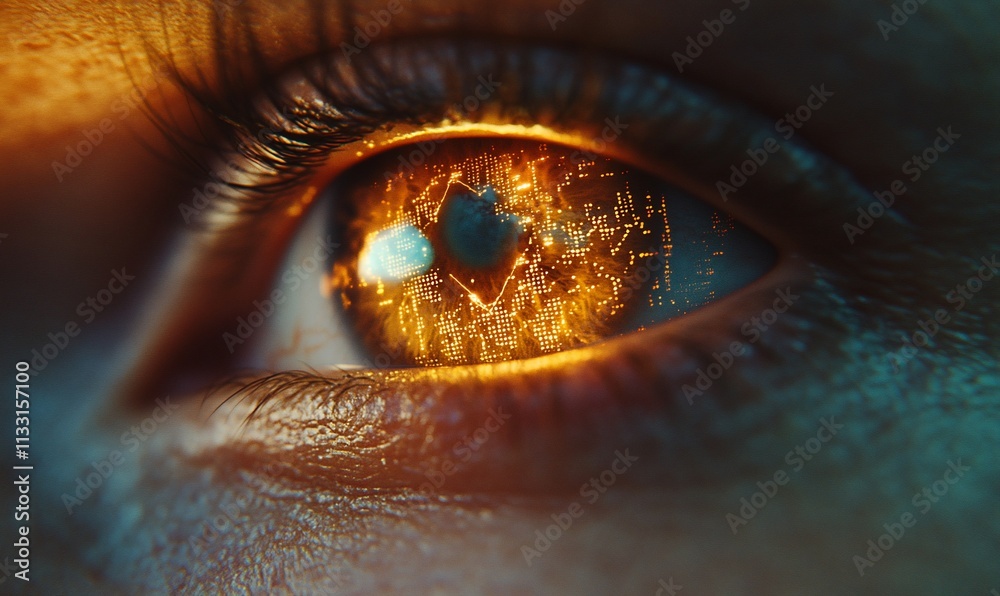 Poster A close-up of an eye with a fiery, digital effect reflecting vibrant patterns.