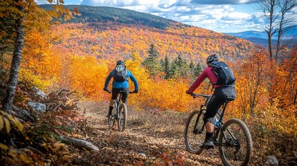 Fototapeta premium Two mountain bikers ride a trail through vibrant autumn foliage.