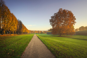 A path along the city walls of Lucca on an autumn morning. Tuscany, Italy