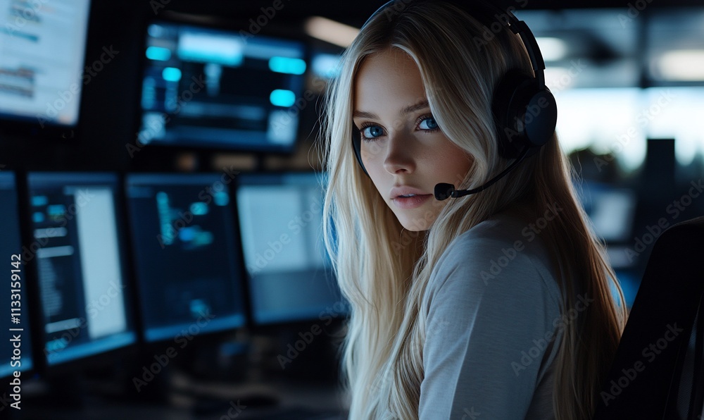 Leinwandbilder a focused individual in a tech environment with a headset and multiple screens.