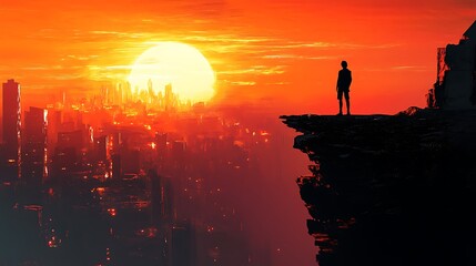 A silhouetted figure standing at the edge of a cliff with a glowing city in the distance 