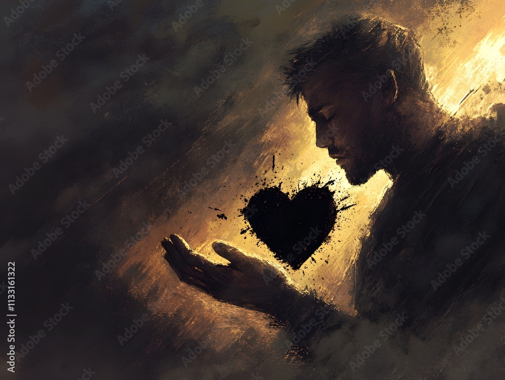 Poster Silhouette of a Man Holding a Heart Symbol, Blending Dark and Light Elements in a Dramatic Artistic Display, Expressing Emotion and Depth in a Powerful Representation of Love