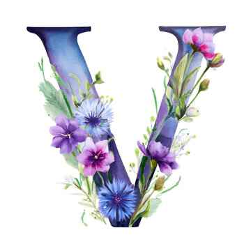 recommend clip art: Watercolor Floral Letter V Purple Flowers Botanical Alphabet Spring Design