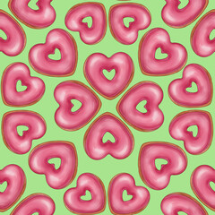 Valentine's Day illustration with a donut. Seamless pattern for holiday designs, gift wrap, home decor, textiles, or stationery projects.