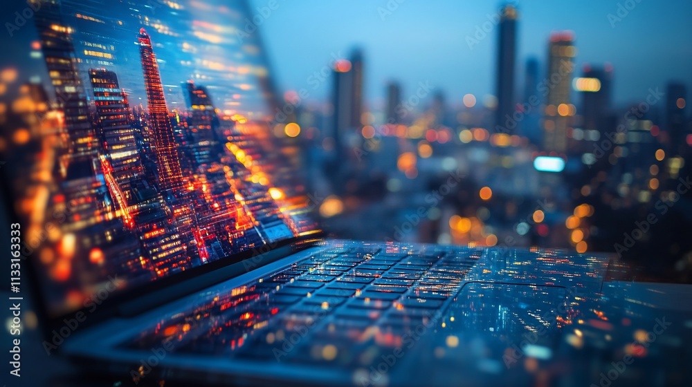 Poster a laptop displaying a cityscape with vibrant lights against a twilight backdrop.