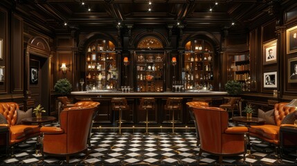Upscale bar with dark wood paneling, leather chairs, tiled floor.