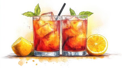 Fototapeta premium Refreshing Summer Drinks with Ice, Mint, and Citrus Garnish Ideal for Picnics and Gatherings with Bright Colors and Inviting Presentation