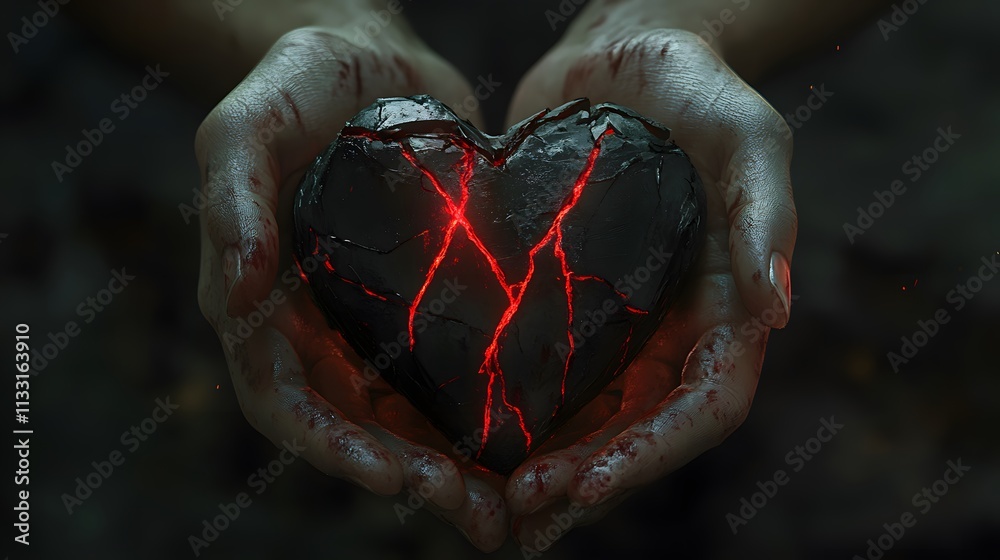 Poster hands holding a cracked black heart with red veins symbolizing pain and emotion in a dark and dramat