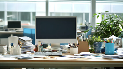 Fototapeta premium Messy Office Desk with Computer, Papers, and Supplies
