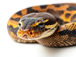 Obraz premium Ball python curled up natural habitat wildlife photography earthy environment close-up intricate patterns