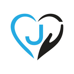 Obraz premium Letter J Charity Logo Design Concept With Hand and Heart Symbol Vector Sign