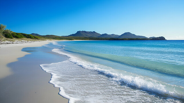Sandy beach with gentle waves rolling onto the shore under a clear sky 16:9 - Image #4 @Celeste