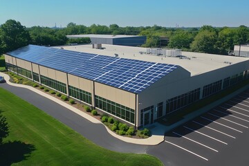 Aerial View of Solar Panels on a Commercial Building: Eco-Friendly Energy Solution