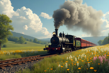 Nostalgic Steam Train Rolling Through Idyllic Wildflower Meadow Under Summer Sky