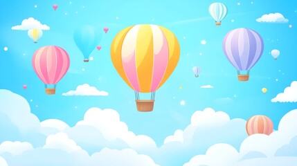 Obraz premium Colorful hot air balloons floating in a bright blue sky.