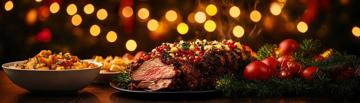 Fototapeta Cypriot kleftiko lamb roast, Nicosias streets adorned with vibrant decorations for the New Year