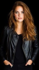Fototapeta premium A young woman with long, wavy hair poses confidently in a black leather jacket, set against a dark background.